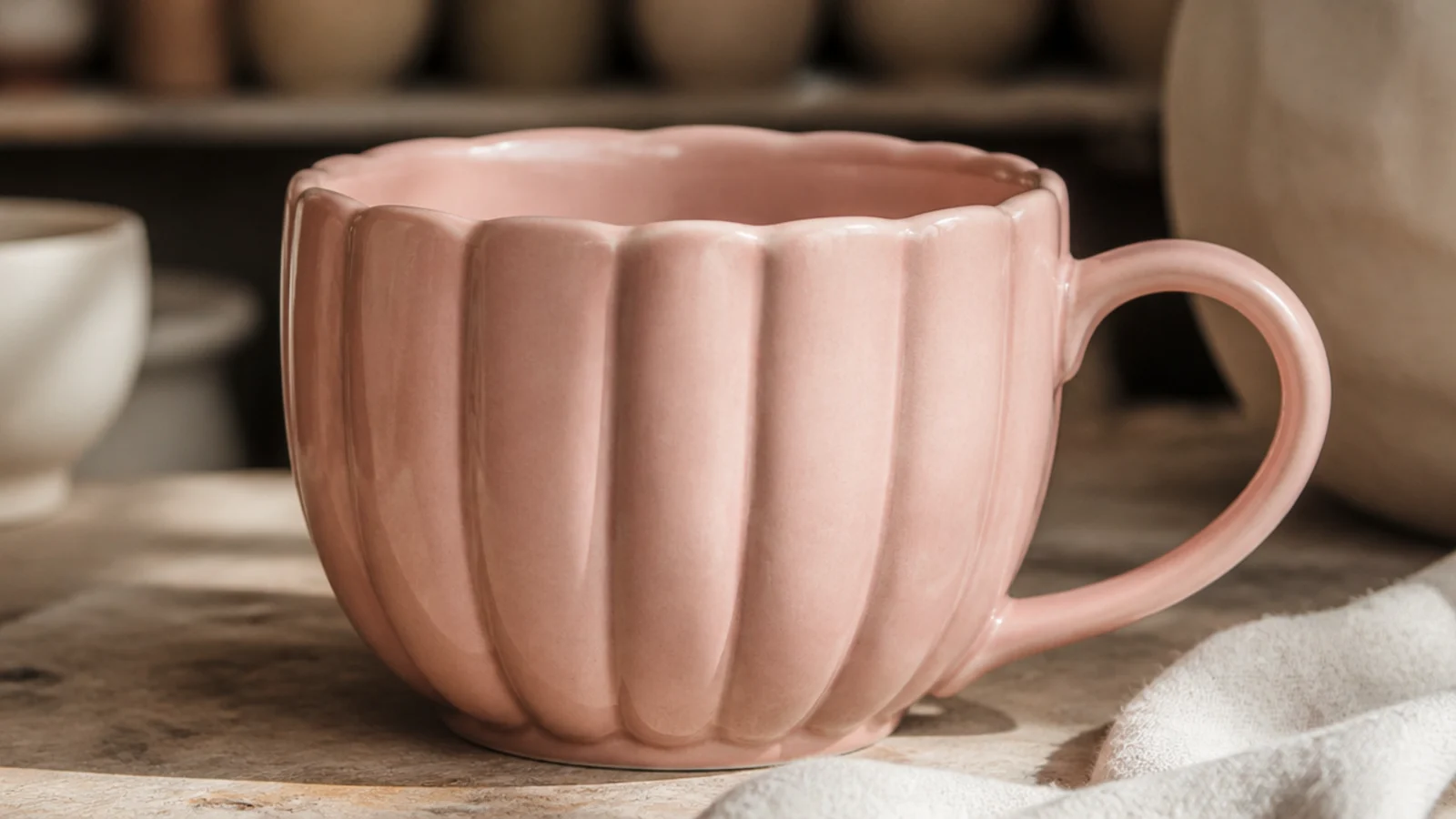 A mug carved with soft vertical flutes like a scallop shell running top to bottom, glazed in a satin blush pink.