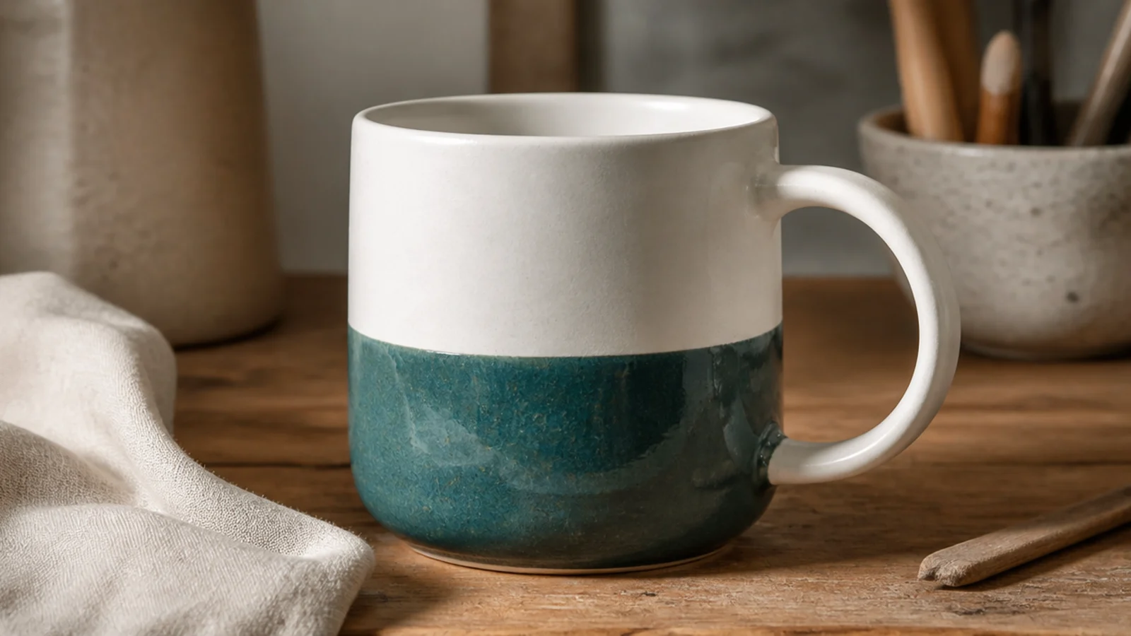 A white mug with the bottom half dipped in glossy teal glaze meeting a clean horizontal line against the bare white top.