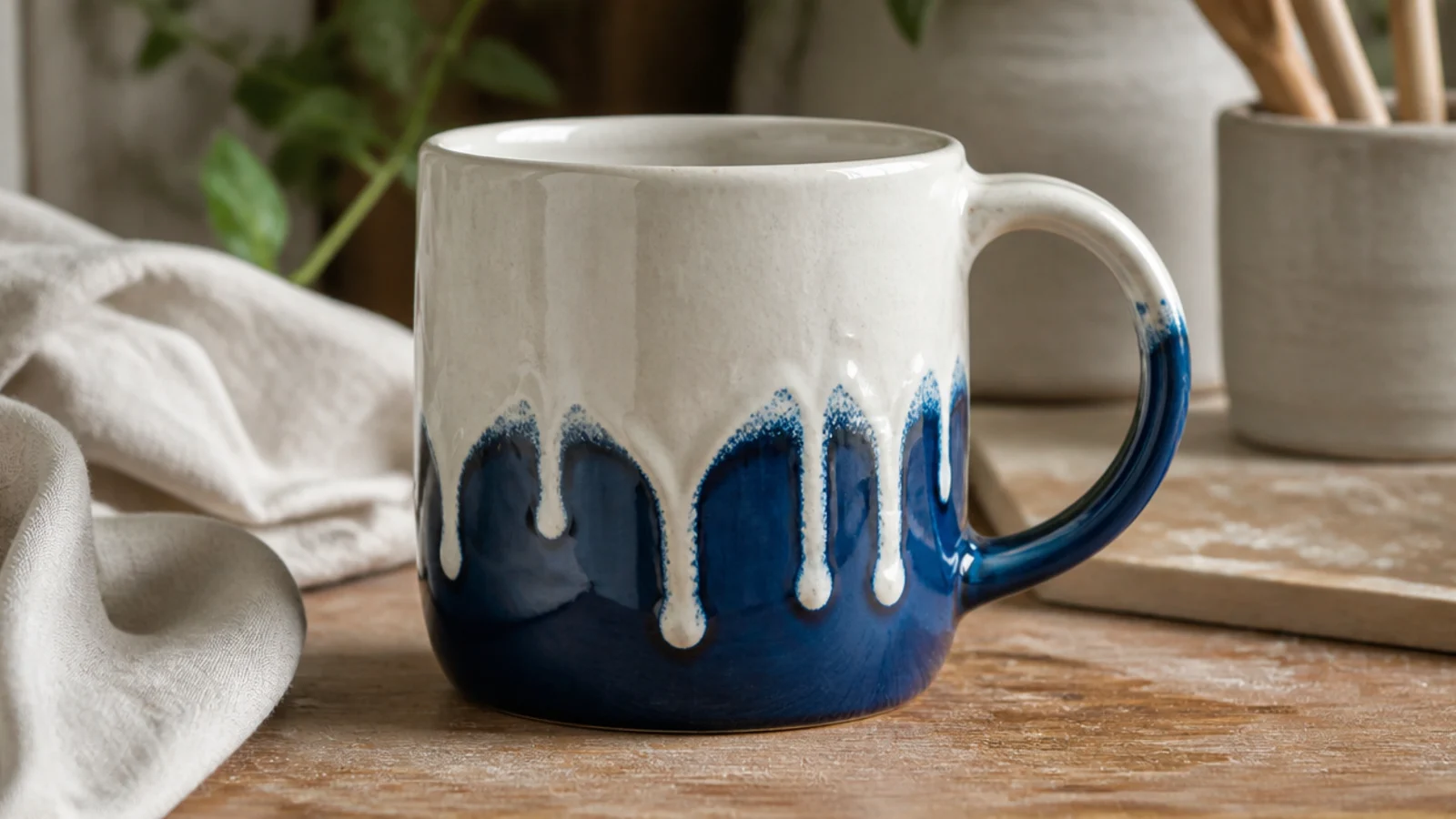 A mug with a thick cream glaze on top dripping down over a glossy cobalt base in organic runs, glossy and glassy.