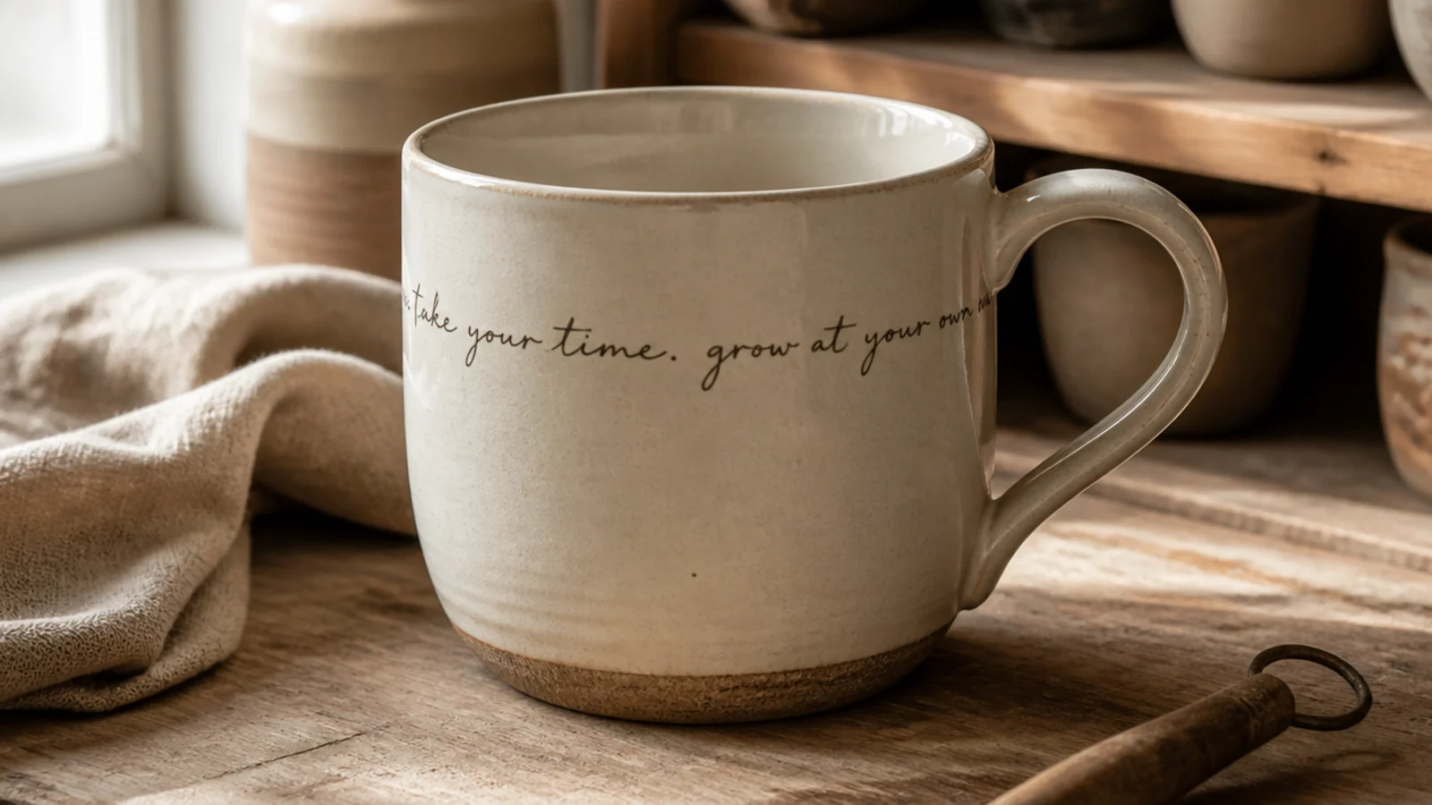 A cream mug with a short handwritten phrase in charcoal underglaze script wrapping around the upper body, clear glazed.