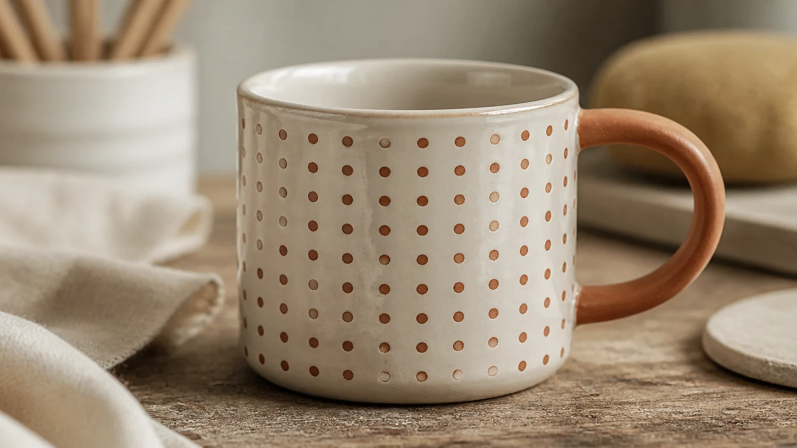 A white mug covered in evenly spaced small terracotta dots in a tidy grid, clear glazed with a matte-clay handle.