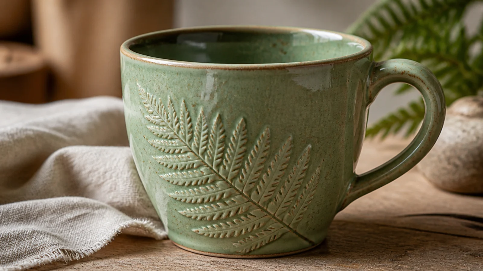 A mug with a real fern leaf pressed into the clay leaving a delicate raised botanical impression, glazed in celadon green.