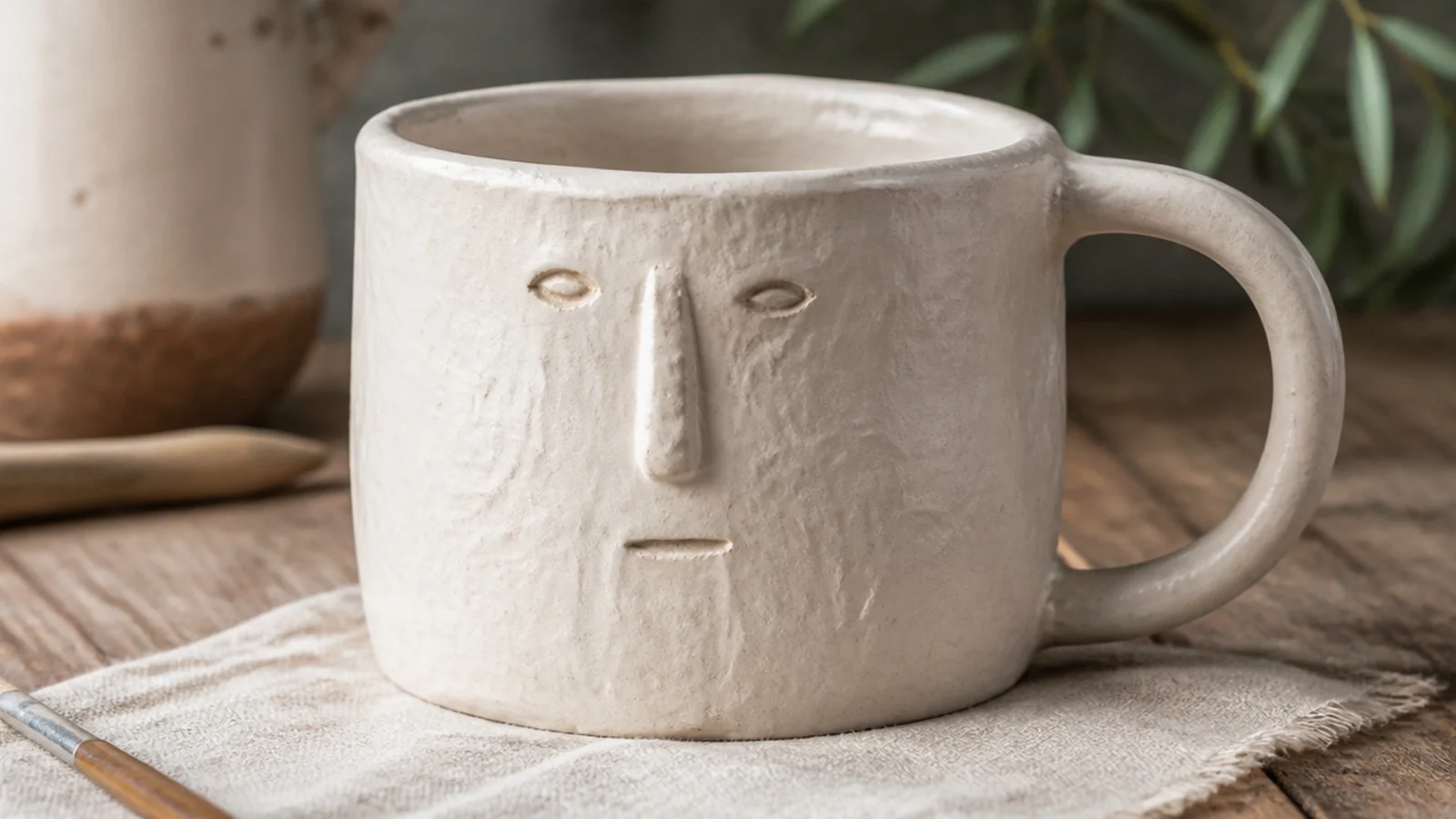 A chunky mug carved from a solid block of clay with a simple minimalist face and rough tool-marked walls, glazed matte white.