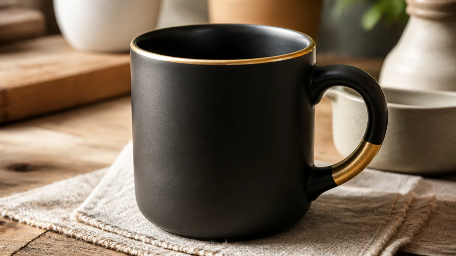 A matte black mug with a thin brushed line of real gold luster around the rim and a gold-dipped handle tip, elegant and minimal.