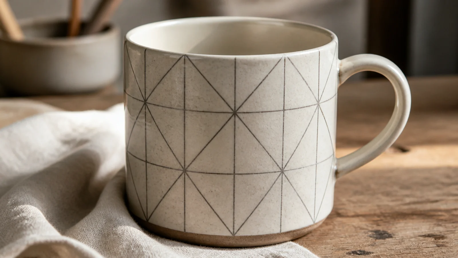 A pale mug with fine dark inlaid lines forming a delicate geometric pattern flush with the surface, satin clear glaze.