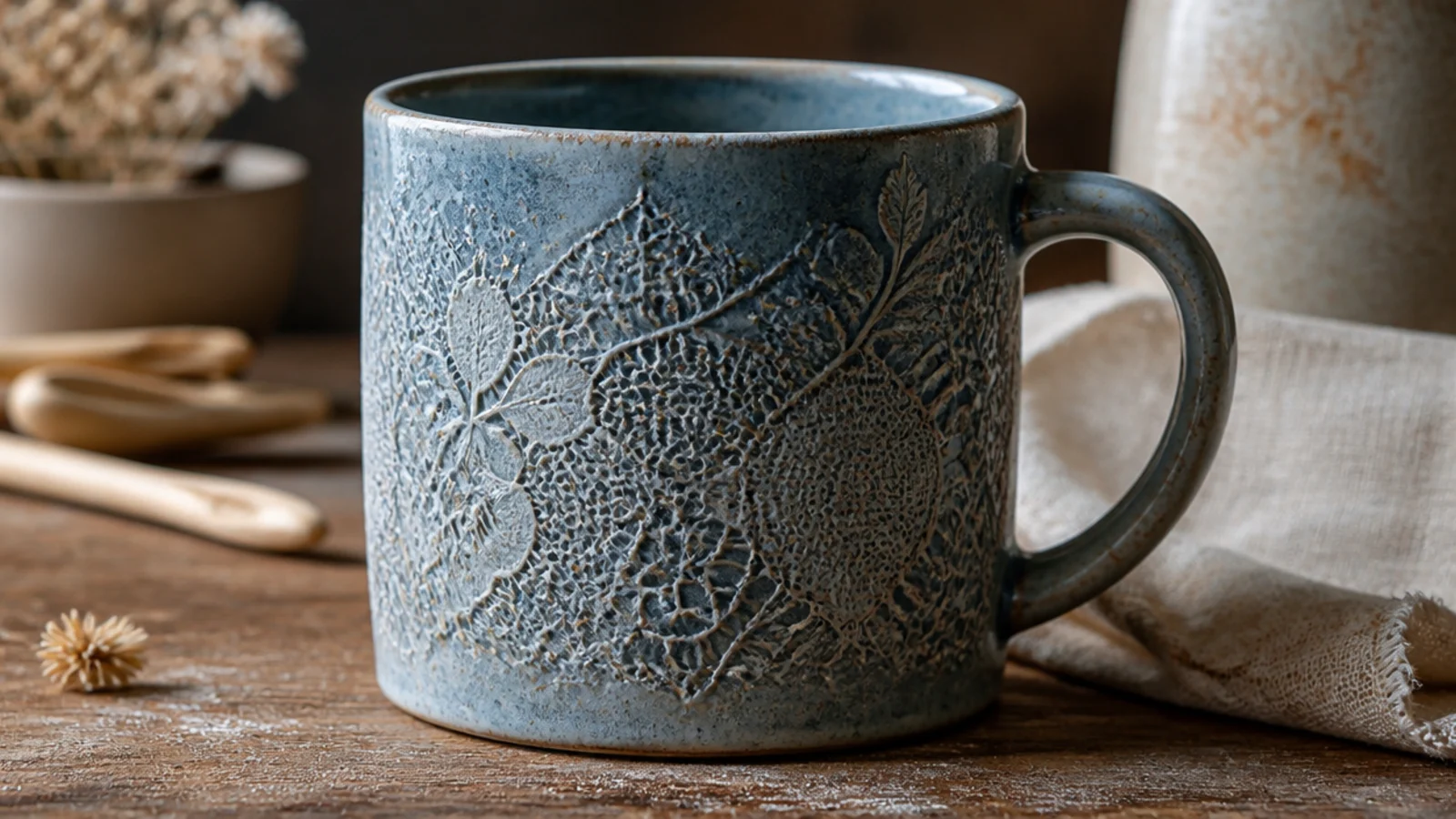 A mug with a delicate lace pattern pressed into the clay surface, the texture caught by a soft dusty-blue glaze, elegant.