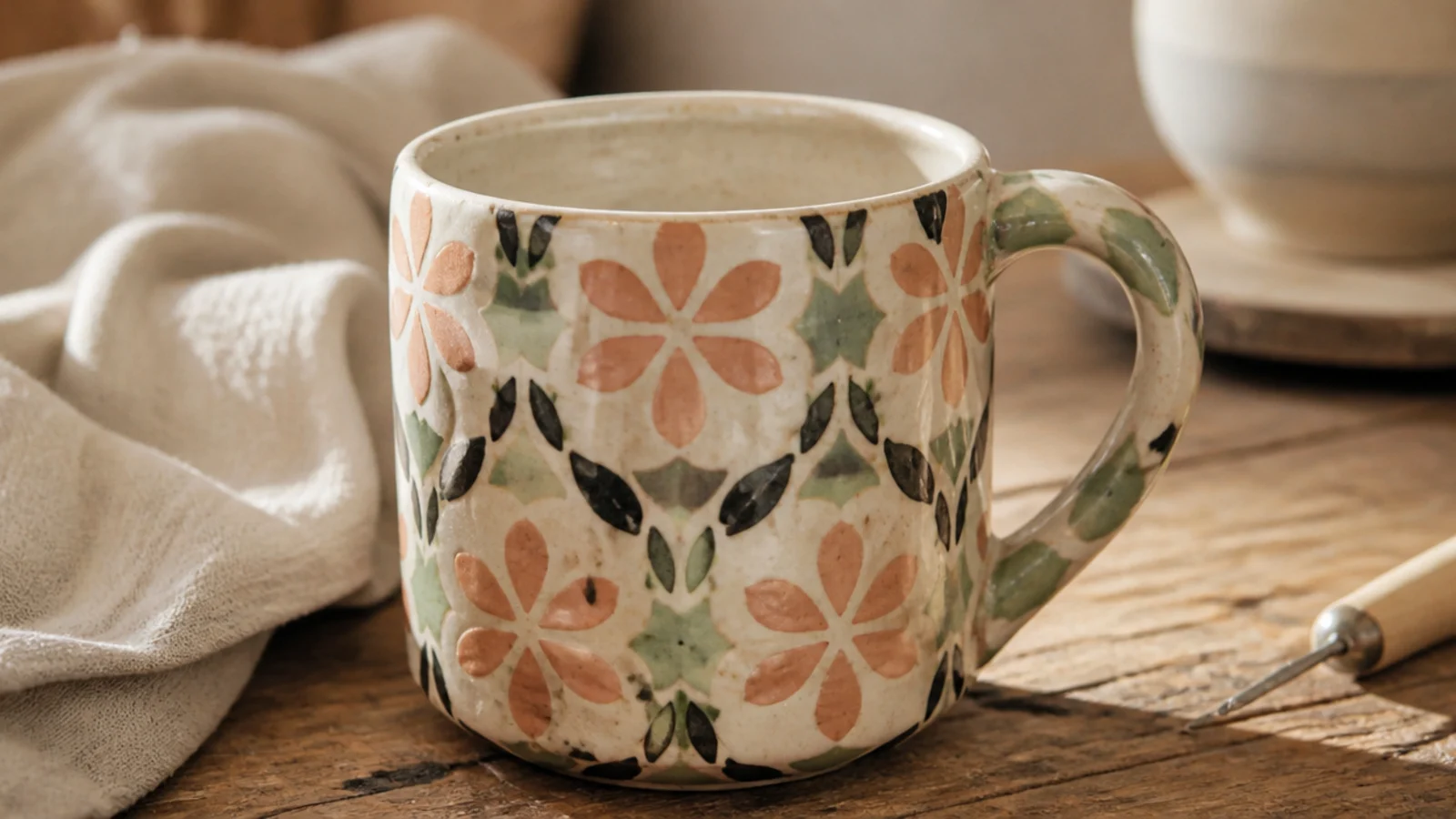 A mug built from slices of patterned colored clay showing repeating geometric flower motifs through the wall, clear glazed.