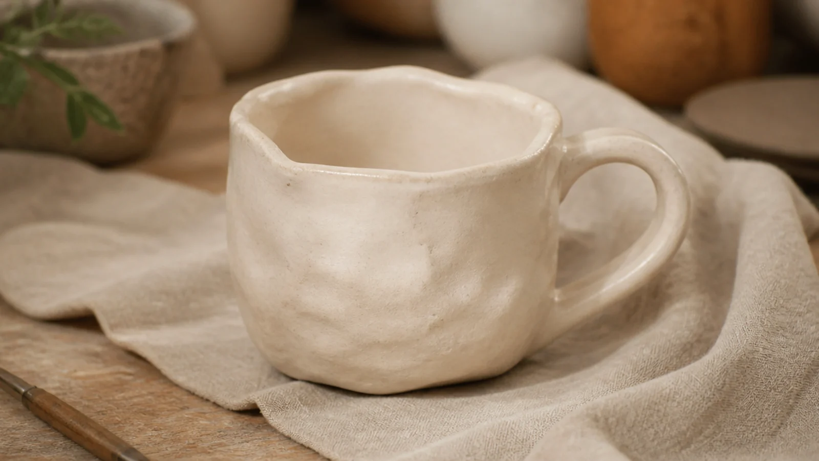 A cream pinch-pot mug with visibly thick lumpy walls at the base and a thin wavy rim, one side clearly heavier than the other.