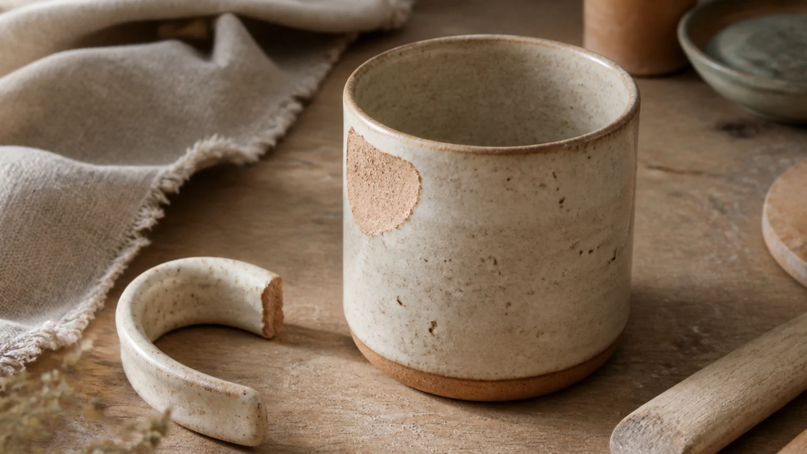 A stoneware mug with its strap handle detached and lying beside it, a torn scar of clay where the top join pulled away from the body.