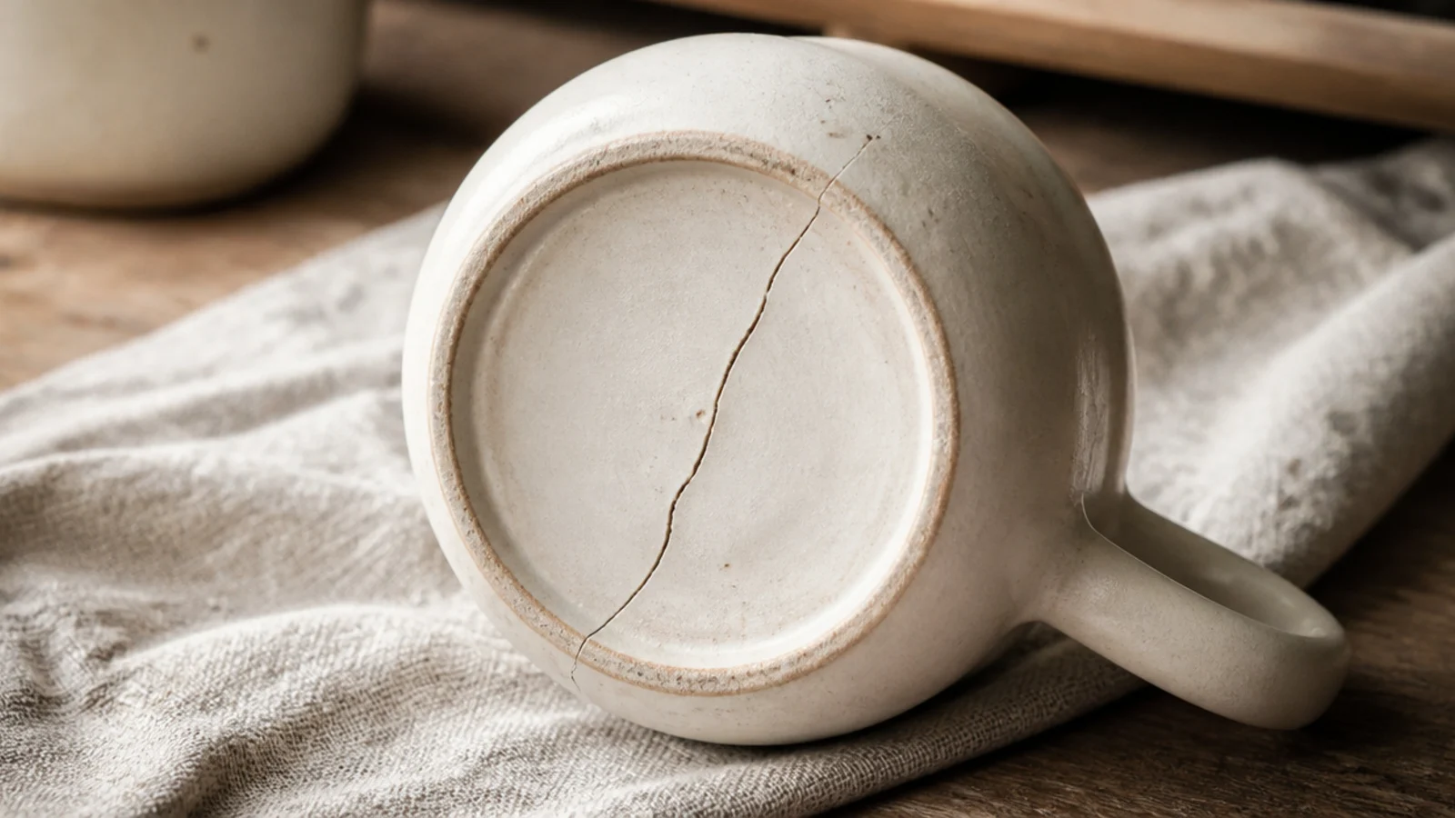 The underside of a pale mug showing a distinct S-shaped crack running across the center of the foot, the rest of the mug intact.