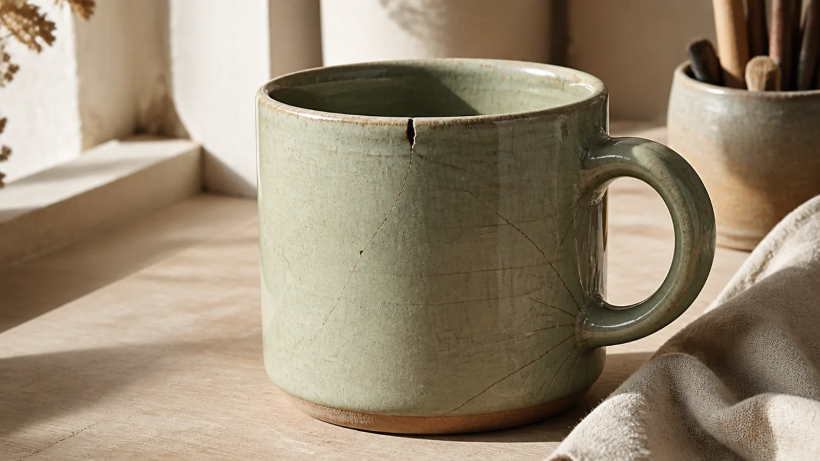 A greenware mug with fine hairline cracks radiating from the handle joins and a small split at the rim, sitting on a sunny windowsill.