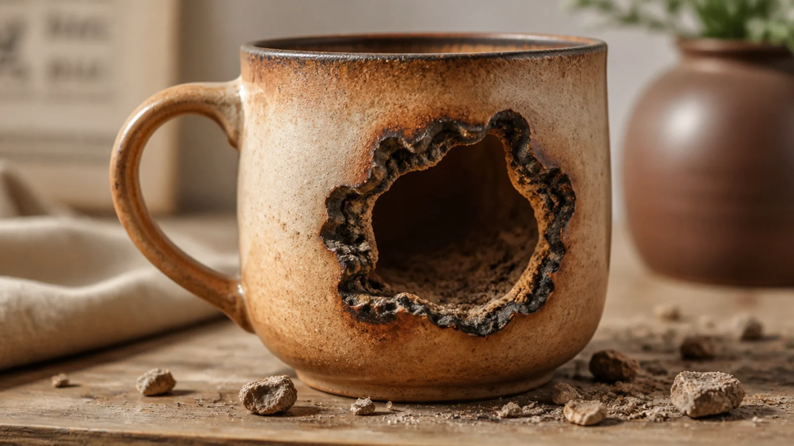 A mug with a blown-out crater in one wall and scattered clay fragments on a kiln shelf, the edges of the hole sharp and blistered.