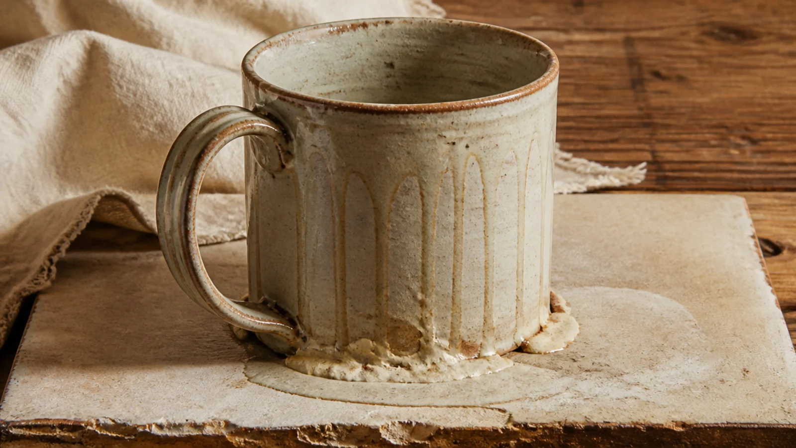 A mug fused to a kiln shelf by a puddle of runny glaze at its base, with thick drips and a rough torn foot where it was pried off.