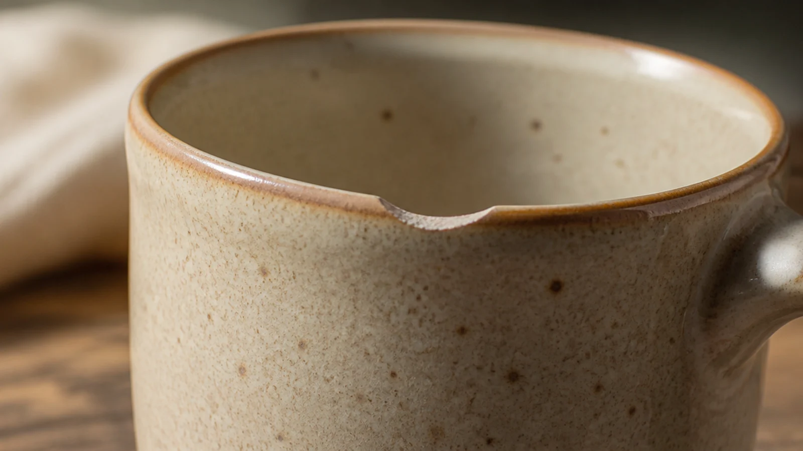A close-up of a mug rim with a small chip missing and a thin sharp edge, the glaze pulled thin and slightly rough along the lip.