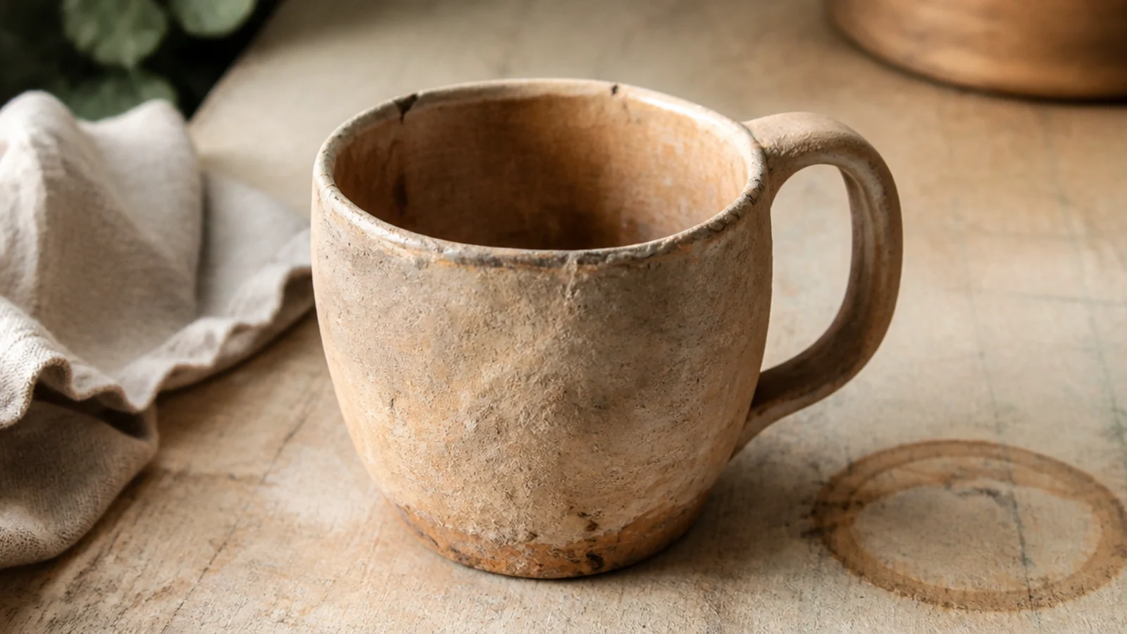 An air-dry clay mug with softened, crumbling walls and a water-stained interior, sitting beside a ring of coffee on the counter.