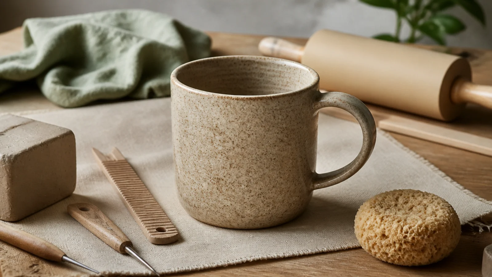 A tidy workspace with a block of speckled stoneware clay, a rolling pin with two wooden guide sticks, a rib, a needle tool, and a sponge on a canvas cloth.