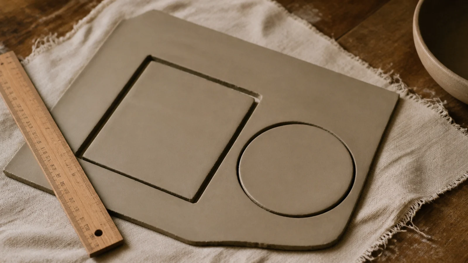 A smooth flat sheet of clay rolled to even thickness on canvas, with a rectangle cut out and a circle for the base, a ruler alongside.