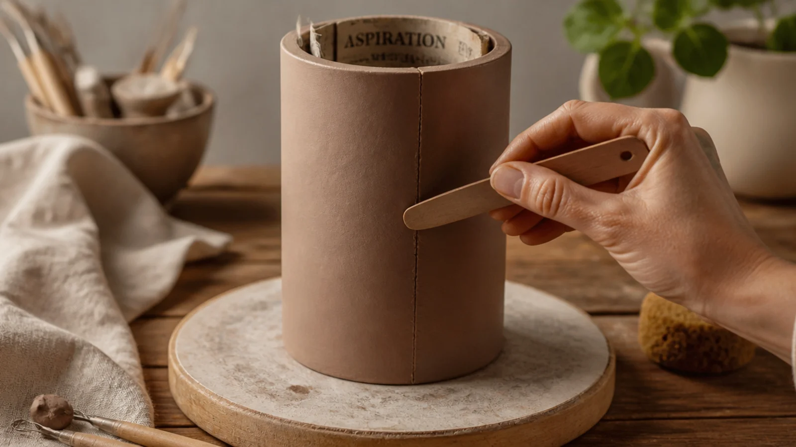A clay slab wrapped into a cylinder around a newspaper-covered tube with a scored vertical seam being blended smooth, standing on the round base.