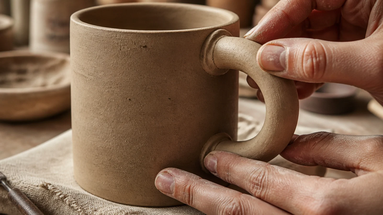A tapered pulled clay handle being pressed onto the leather-hard cylinder at two scored join points, with a small collar of clay smoothed around each join.