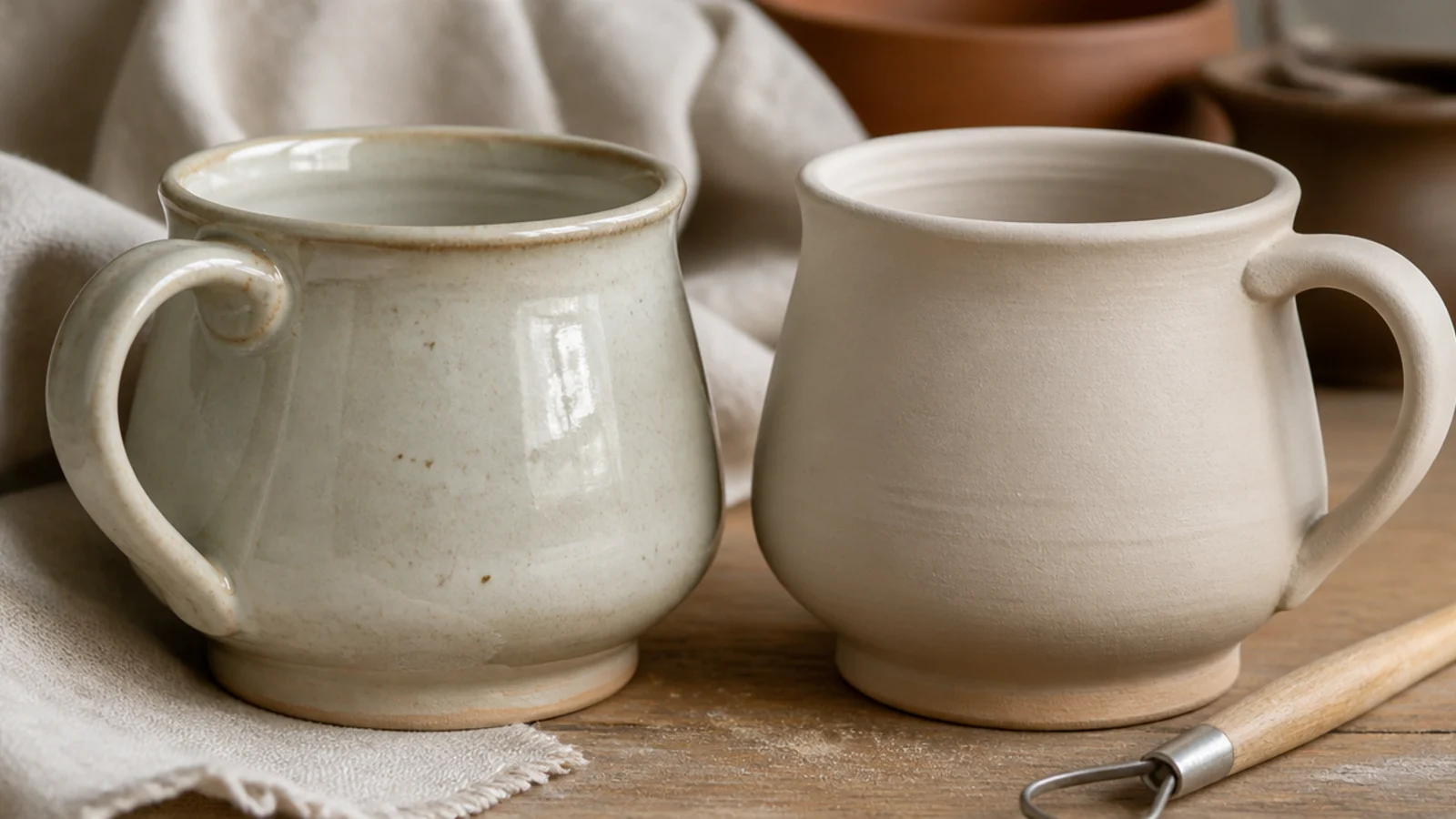A finished handmade mug in glossy cream food-safe glaze cooling beside a bare bisque-fired mug, showing the before-and-after of firing.
