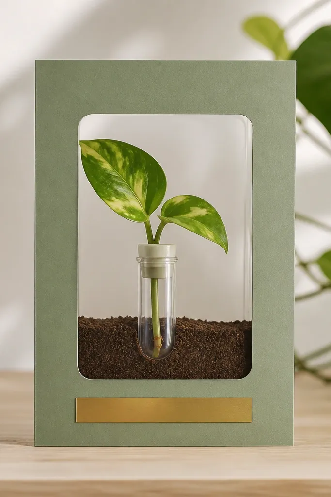 A landscape 4x6 card with a clear plastic window in the center. Inside is a tiny paper "soil" layer in deep brown, plus a small pothos tip cutting in a clear mini vial. The card has a matte sage-green border and a thin gold sentiment strip at the bottom.