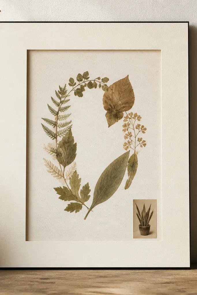 An 8x10 wall frame made from cream cardstock. Inside the frame are pressed leaves arranged in a loose oval, and a small sepia snake plant image sits like a stamp near the bottom right. The mat is off-white with faint speckles, and a thin black backing board is visible at the edges.