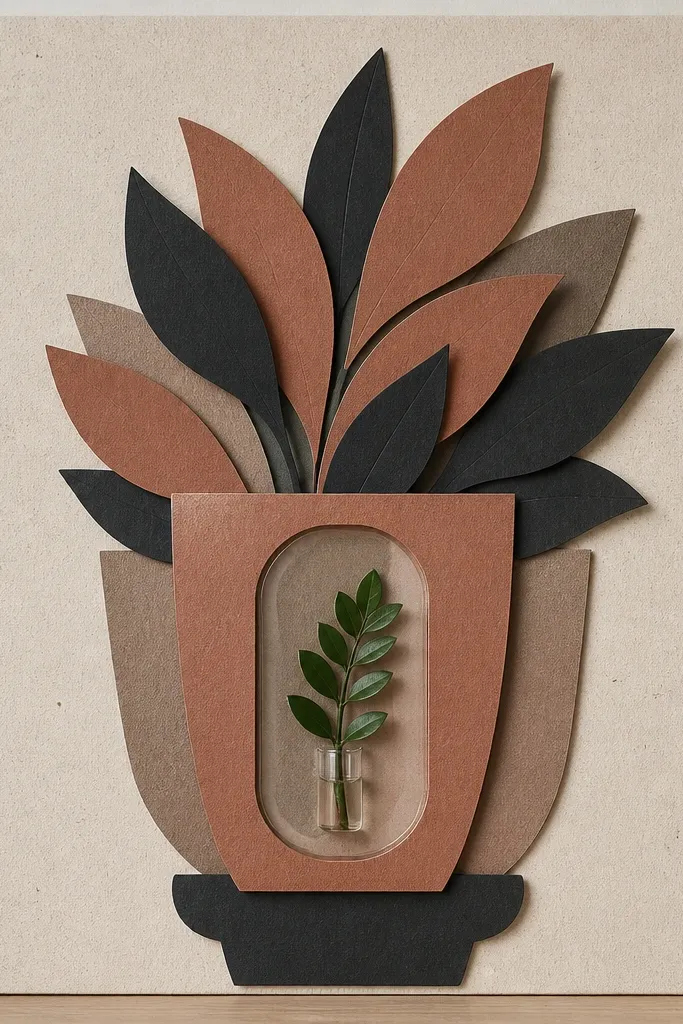 A vertical 11x14 piece with a layered paper planter silhouette in muted clay and charcoal. In the center is a clear pocket holding a mini ZZ plant leaf in a tiny glass vial. The background is textured light beige with faint speckled dots.