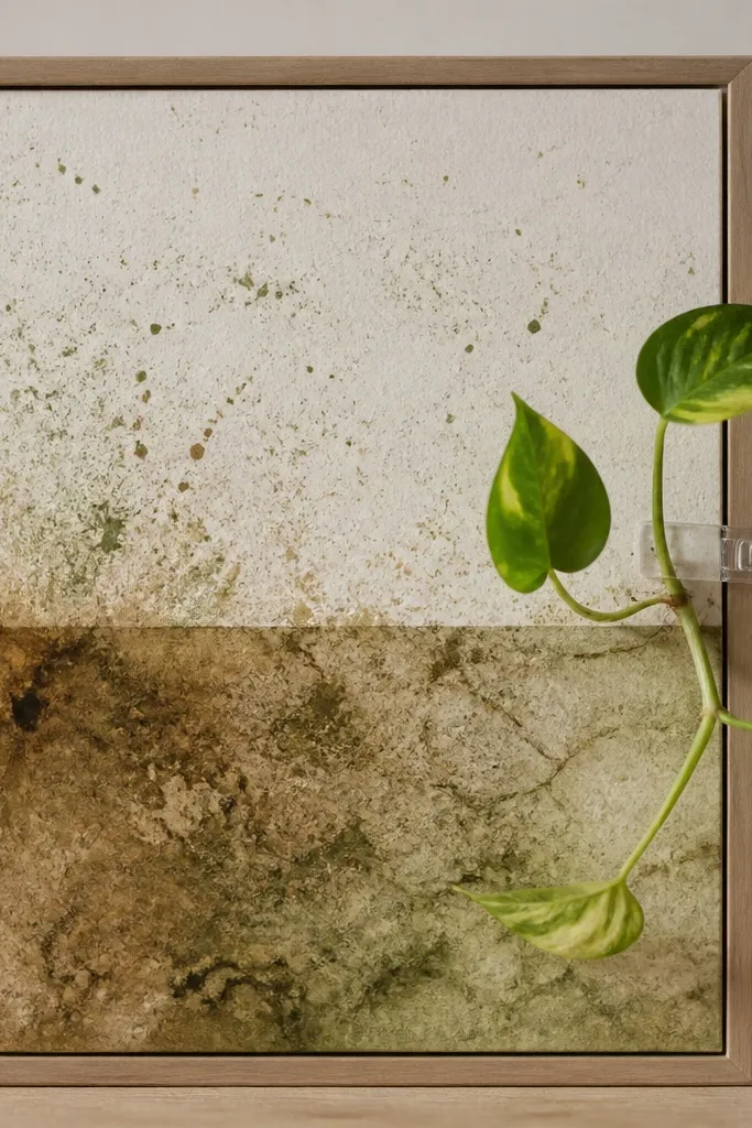A 10x8 paper frame with marbled brown-green "soil" at the bottom half. A pothos vine cutting is held by a clear spring clip attached to the frame edge. The top has watercolor speckles in moss green and light tan.