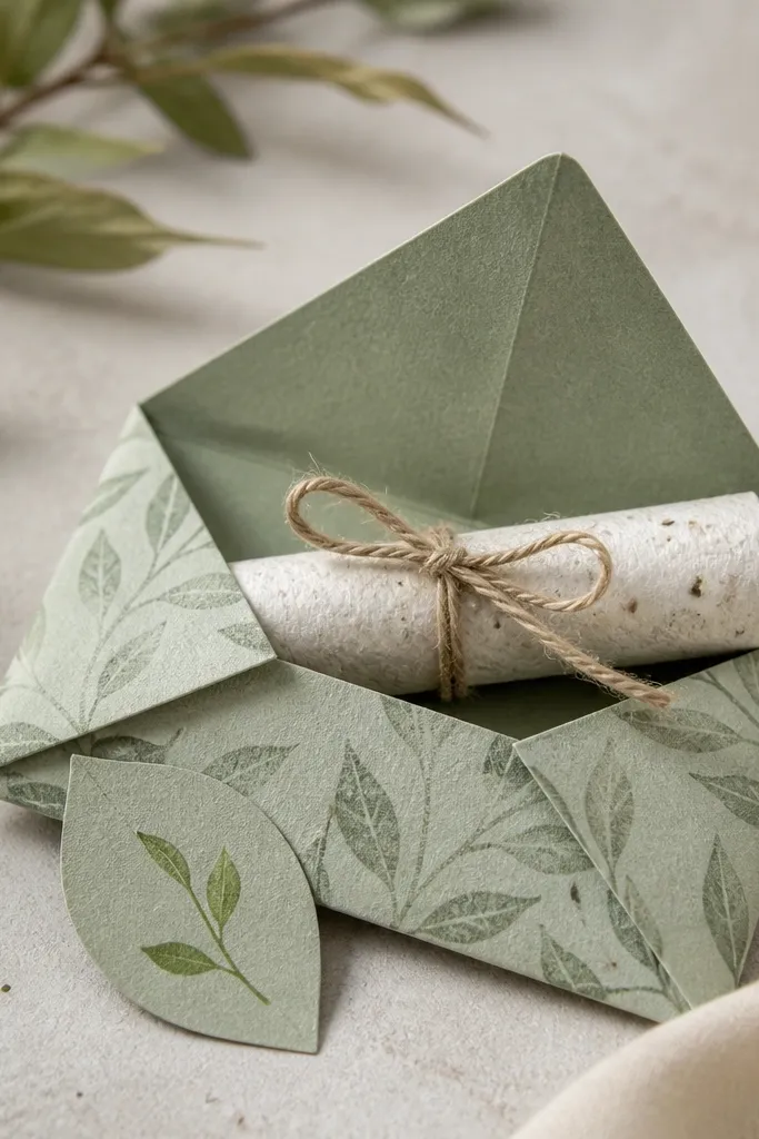 A folded origami envelope in muted sage with a subtle leaf pattern. Inside is a rolled strip of handmade seed paper tied with twine. A small cutout tag shaped like a leaf sits in front with a tiny sprout illustration.