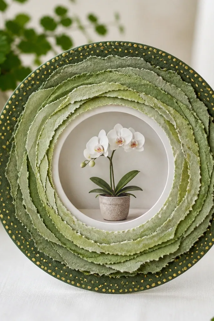 A circular wreath card with layered green paper strips that look like moss. In the center is a clear window holding a small potted orchid sticker or a tiny orchid photo printed on glossy paper. The outer edge has tiny gold dots.
