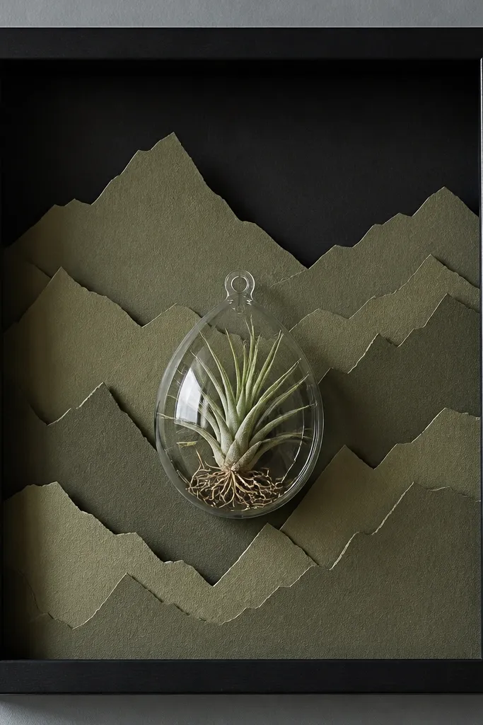 An 11x14 shadow box with a black backing. Inside are layered cut paper mountains in muted olive. A clear hanging pocket holds a small air plant in the center with delicate roots visible.