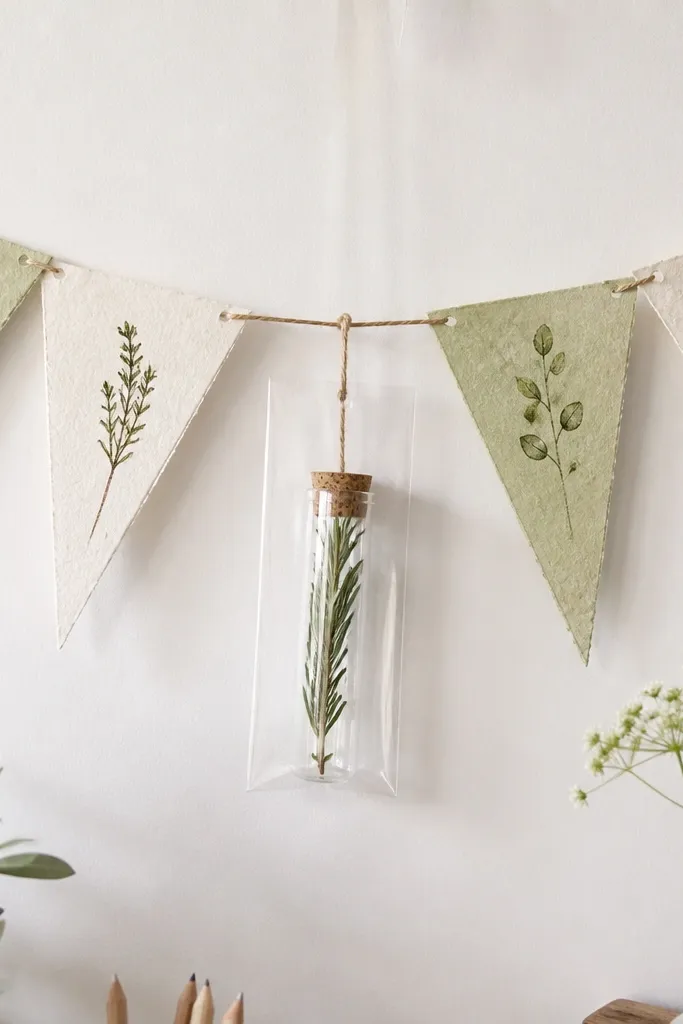 A string banner made from handmade paper triangles in cream and light green. Each tag has a handwritten botanical name. A small sealed vial with a herb cutting hangs at the center, protected by a clear sleeve.