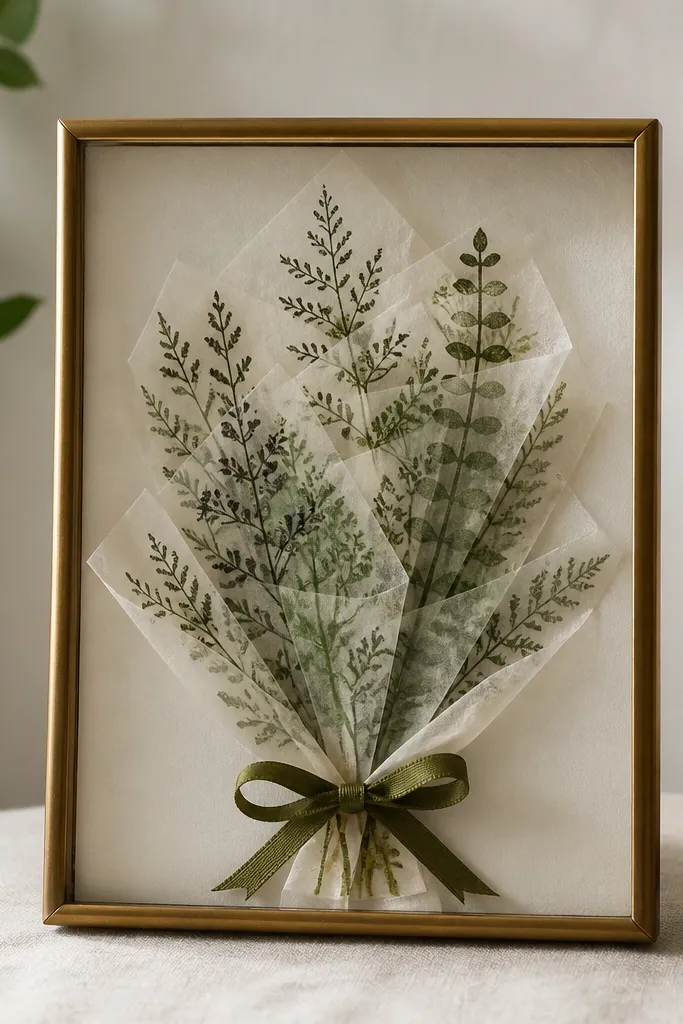 A small shadow frame with layers of translucent tissue paper shaped into a bouquet. Tissue has plant stamps in dark green and black. The frame has a thin brass-colored edge and a small ribbon bow at the bottom.