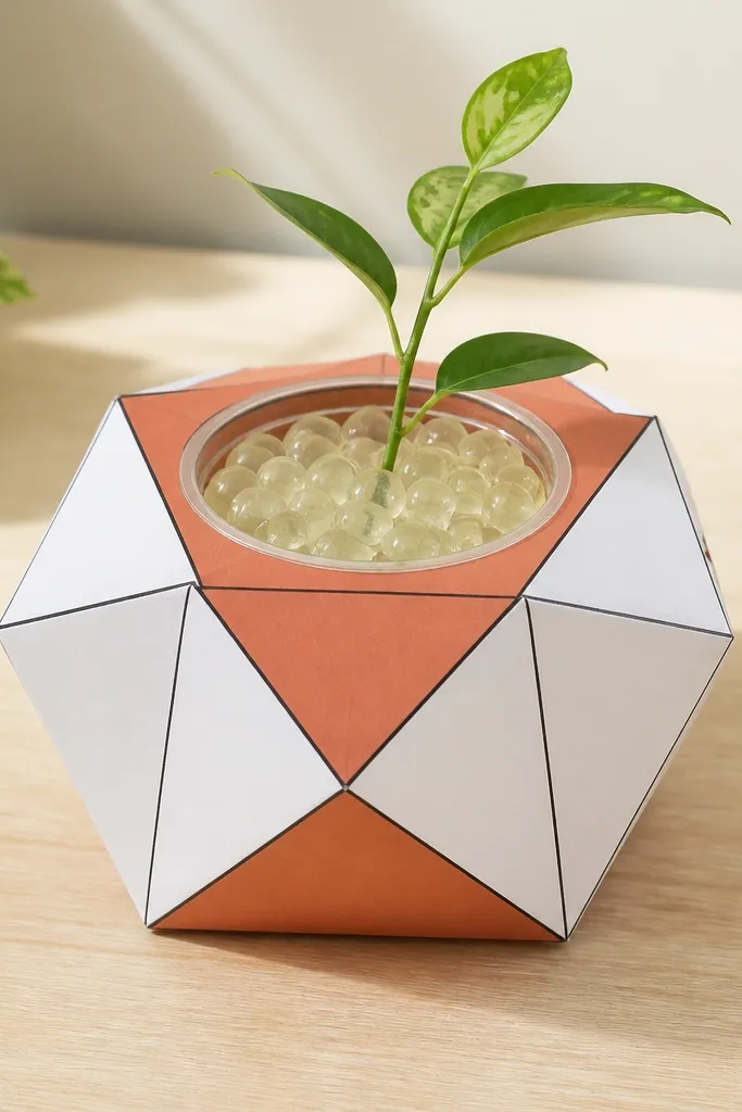 A 10x10 geometric paper planter cutout in white and terracotta. In the center is a clear cup filled with light-colored hydro beads. The paper planter has clean triangle edges and a thin black outline.