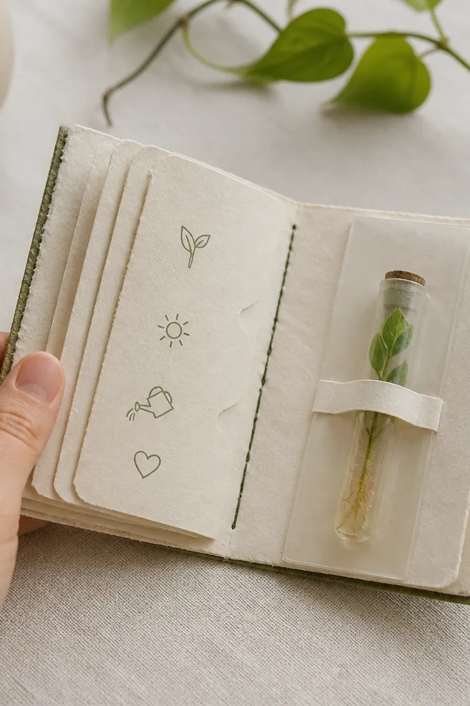 A small handmade booklet with stitched spine made from textured paper. Inside are folded plant care cards with icons and short instructions. The last page has a clear sleeve holding a small rooted cutting in a mini vial.