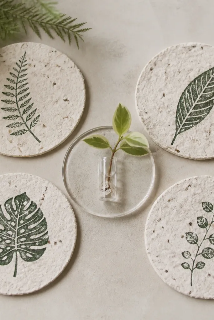Four handmade seeded paper coasters arranged in a square. Each coaster has a plant label stamped in dark green. In the middle is a small clear vial with a tiny cutting, protected by a clear round ring.