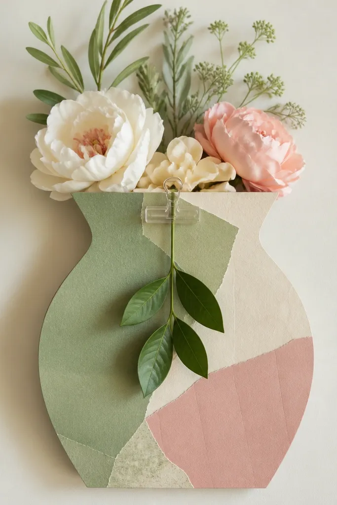 A 9x12 paper vase shape with layered collage papers in green, cream, and muted pink. A clear mini clip at the top holds a real leaf cutting. Faux paper flowers peek out from inside the vase shape.