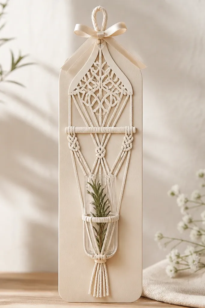 A tall greeting card shaped like a macrame hanger. The front has cut paper "knots" and rope-like strips in off-white. A clear sleeve at the bottom holds a small herb in a vial, with a tiny ribbon bow at the top.