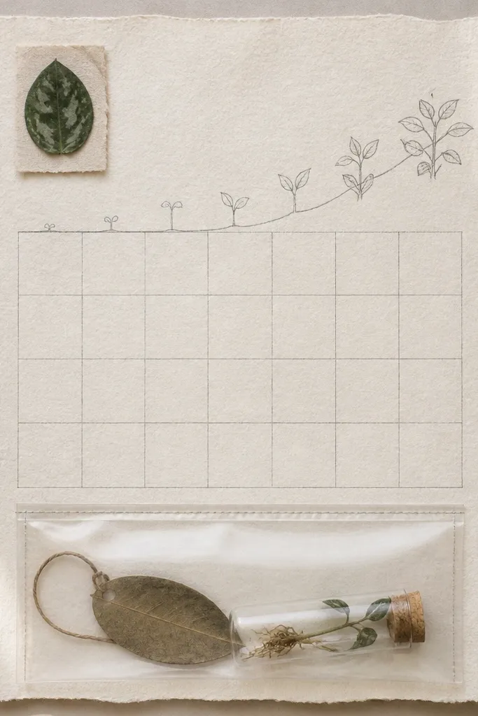 A single 8.5x11 handmade paper sheet with a grid calendar lightly drawn in pencil. A plant growth tracker line runs across the page, and a small leaf swatch is glued in the corner. A clear pocket at the bottom holds a dried plant leaf tag and a tiny rooted cutting vial.
