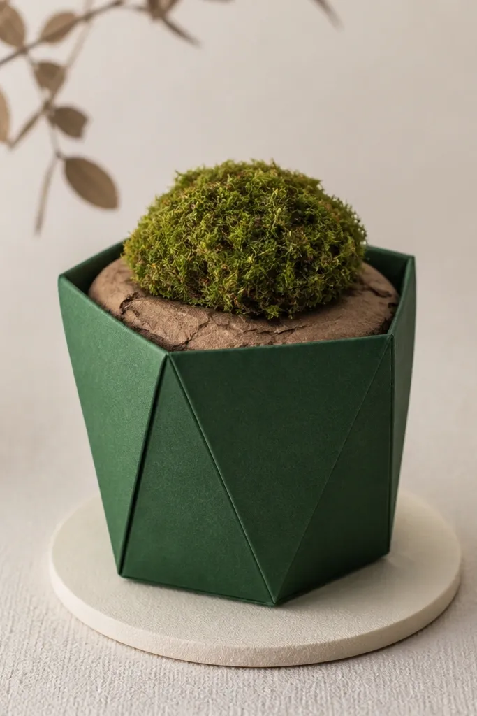 A folded paper pot in deep green with crisp creases. The top opening shows handmade paper "soil" in brown and a small real moss pad placed on top. The pot sits on a small cream base circle.