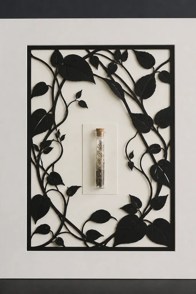 A 11x14 black paper silhouette of leaves and vines cut cleanly from cardstock. Behind the silhouette is a removable backing panel with a clear vial pocket. The outer mat is off-white and the background behind is matte charcoal.