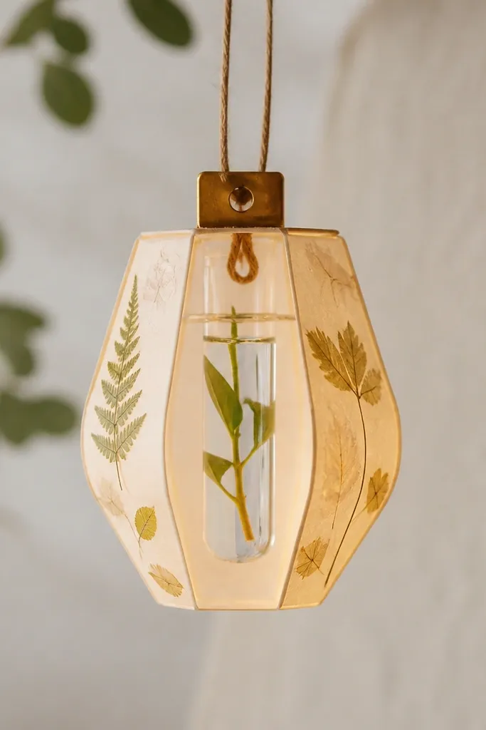 A small paper lantern shape in warm cream with pressed leaves embedded on the sides. Inside the lantern is a clear water-safe core holding a tiny cutting in a vial. The lantern hangs from a thin twine loop and has a brass-colored clip at the top.