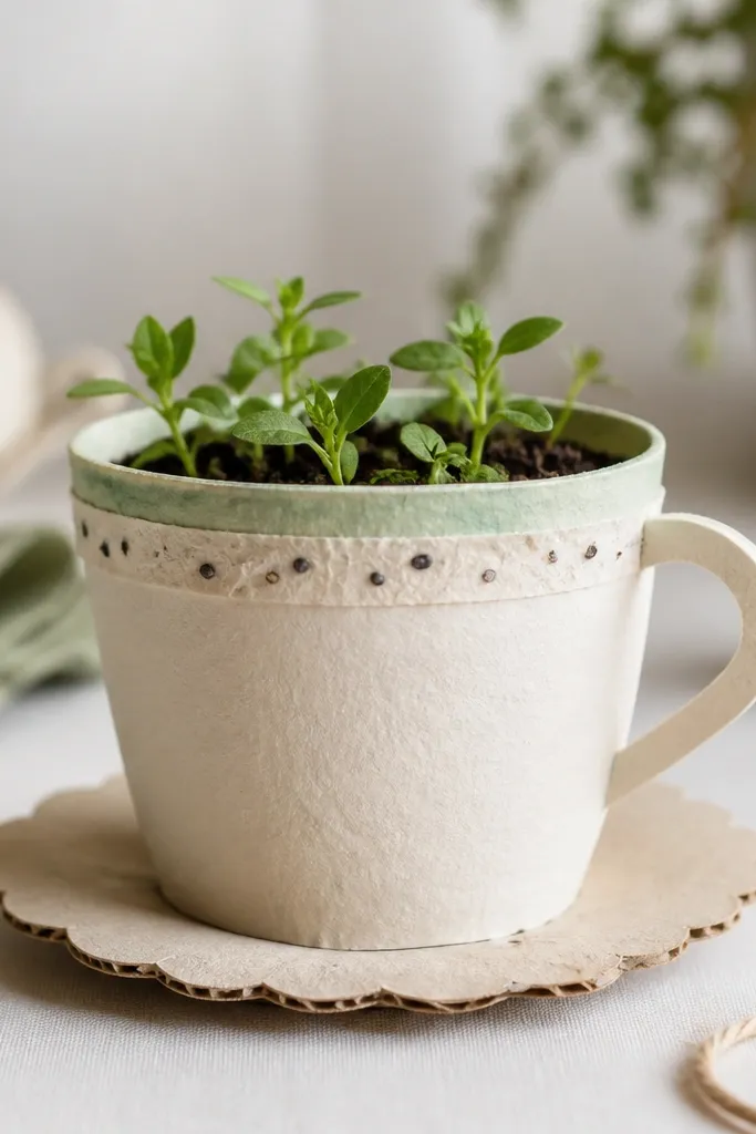 A small handmade teacup made from thick cream cardstock sits on a craft saucer. The cup has a hand-cut paper handle and a watercolor rim in faded sage green. Across the top edge is a thin strip of seed tape with tiny basil seeds embedded, and inside the cup is a visible layer of dark potting mix with a few bright green sprigs peeking up.