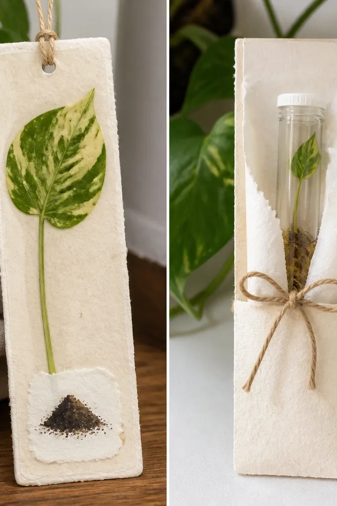 A long bookmark made from matte ivory handmade paper shows a pressed pothos leaf embedded under a thin layer of clear gel medium. A watercolor label sits near the bottom with a tiny painted mound of dark soil and a hand-lettered plant name. On the back is a slim sleeve pocket holding a small plastic vial with a single rooted cutting, wrapped in tissue and tied with a thin twine bow.