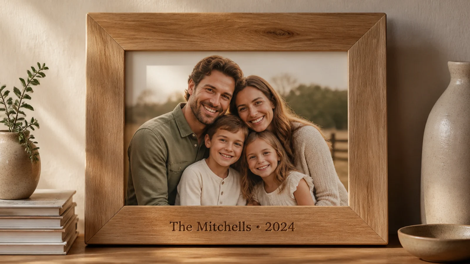 A natural wood frame with a name and date wood-burned along the bottom edge in neat lettering, holding a family photo.