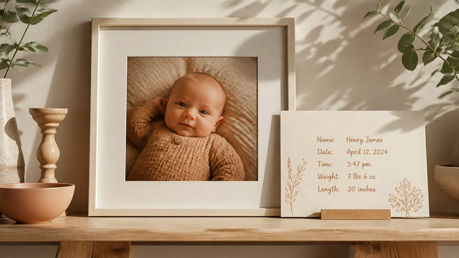 A cream frame with a baby photo beside a neatly hand-lettered card listing name, date, weight, and length.