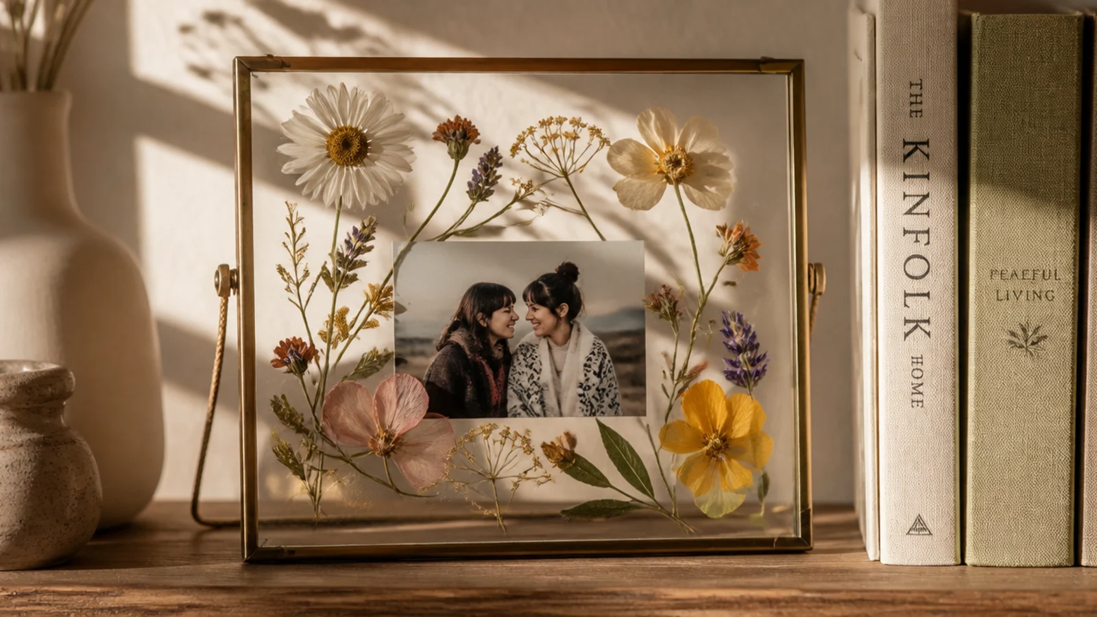 A clear glass frame with pressed flowers from a garden arranged around a small photo of two people.