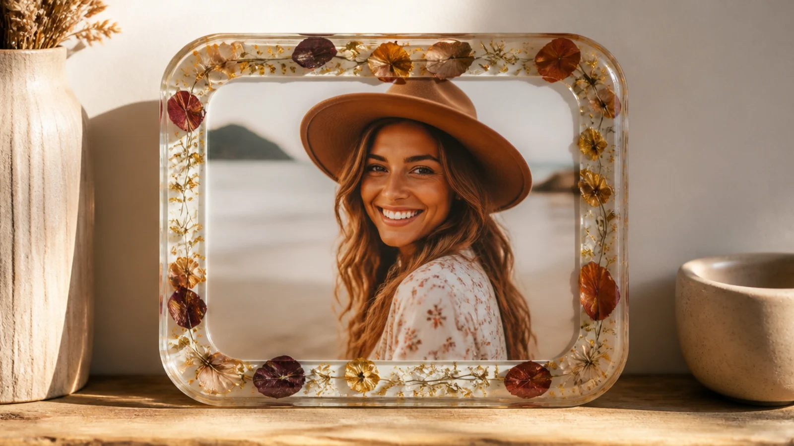 A glossy resin frame with a photo sealed under a clear domed layer, edges embedded with tiny dried petals.