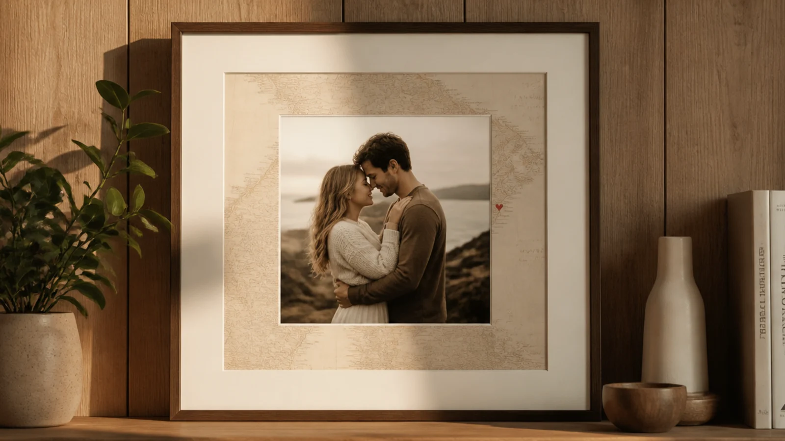 A frame matted with a section of a map with a small heart marking a location, surrounding a couple's photo.
