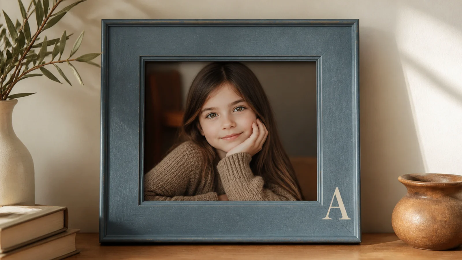 A dusty-blue frame with a single large cream painted initial in one corner, holding a portrait photo.